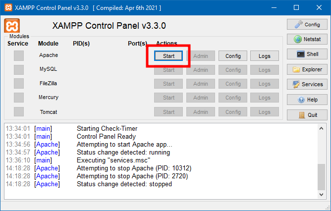 Панель XAMPP