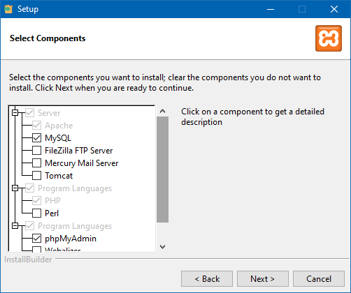 Выбор компонентов при установке XAMPP