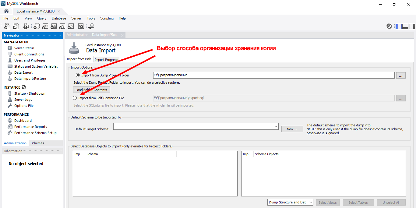 MySQL Workbench-выбор способа импорта